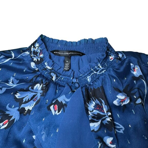 White House Black Market Blue Floral Blouse | Size 14 | Ruffle Neck | 26" Length - Picture 5 of 9